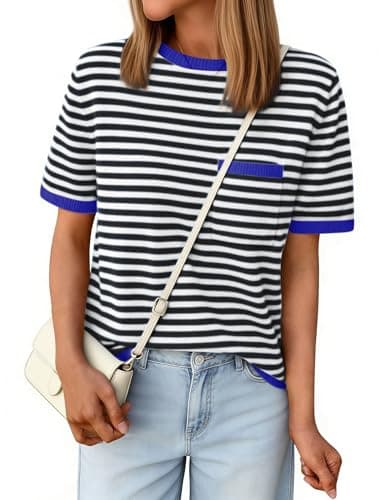 Aprolive Short Sleeve Sweater for Women Striped Shirt Lightweight with Chest Pocket Loose Fit Knit Tops for Work Business Casual(4-Blue Black,Small) - Image 1
