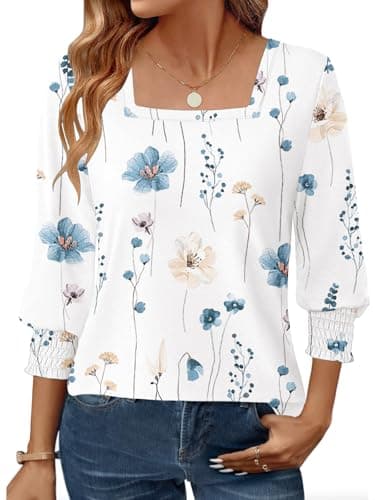 GKBK Womens 3/4 Sleeve Shirts Square Neck Dressy Casual Blouses Spring Summer Smocked Cuffs Tops White Floral - Image 1