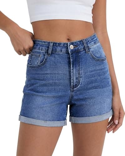 luvamia Distressed Denim Shorts for Women Trendy Cuffed Hem Distressed Shorts Women Jean Casual Summer Jorts Classic Blue Size Large US 12 to 14 - Image 1