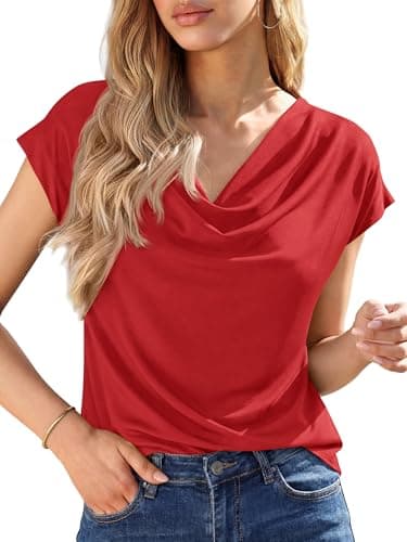 BTFBM Cowl Neck Tops for Women 2026 Summer Womens Tops Dressy Casual Business Blouses Short Sleeve Shirts Spring Outfits(Red, XX-Large) - Image 1