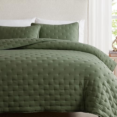 WDCOZY Olive Green Cloud King Size Quilt Set, Tan Lightweight Farmhouse Bedspread, Rustic Country Coverlet, Taupe Camel Soft Bedding, Thin Comforter for All Season - 3 Pieces, 104x90 inches - Image 1