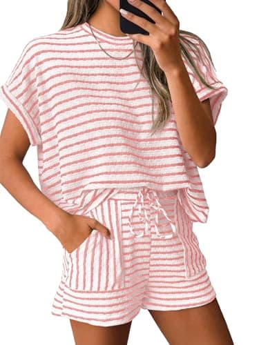Tankaneo Womens Striped Summer 2 Piece Short Sets Short Sleeve T Shirts Drawstring Shorts Casual Outfits Lounge Pajama Sets - Image 1