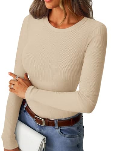 GKBK Ribbed Long Sleeve Shirts for Women Fitted Basic Tight T-Shirts Crewneck Cute Layering Tops Lightweight Fall Sweaters 2026 Fashion Clothes Outfits Apricot - Image 1