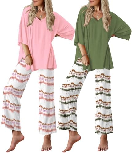 Ekouaer 2 Packs Lounge Sets for Women Short Sleeve Pajamas Set V Neck Top and Long Pants Comfy Pjs Outifts with Pockets - Image 1