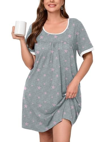 AusLook Plus Size Women's Nightgown 3X Pink Stars Short Sleeve Sleep Dress Sleepwear Soft Sleepshirts Pleated Scoopneck Nightshirt Sleep shirts with Pockets - Image 1