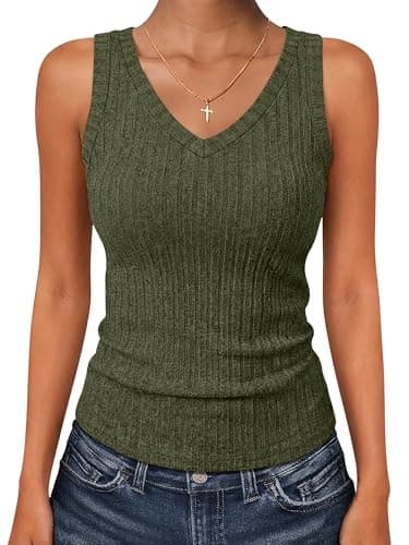 ANRABESS Women’s V Neck Tank Tops, Soft Comfy Ribbed Knit, Slim Fitted Going Out Shirts, Summer Outfits for Travel Work Daily Army Green Medium - Image 1