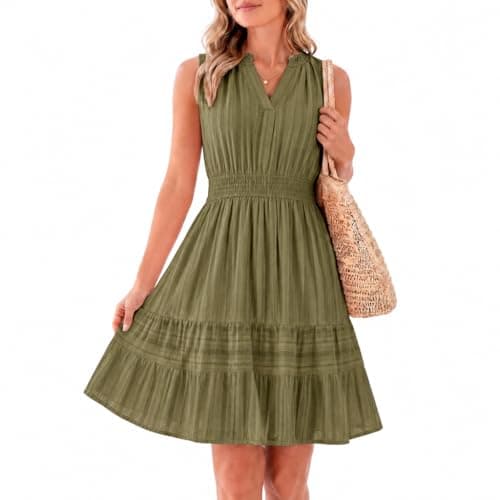 Modelshow Summer Dresses for Women 2026 Casual Mini Sundress V Neck Sleeveless A Line Flowy Boho Beach Dress with Pockets Army Green - Image 1