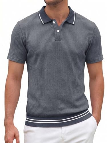 Crastimo Men's Textured Polo Shirt Vertical Rib Short Sleeve Contrast Trim Collar Hem 2-Button Classic Fit Casual Golf Gray 3XL - Image 1