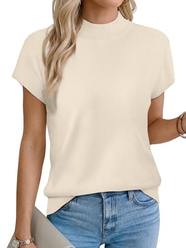 UNCLECAT Womens Short Sleeve Sweater Mock Neck Summer Trendy Tops Casual Pullover Beige - Image 1