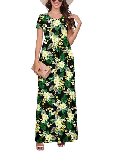 DEARCASE Women Long Maxi Dress Floral Yellow Green Leaf Medium Crewneck Boho Short Sleeve A-line Casual Hawaiian Flowy Beach Vintage Spring Summer Beach Dresses with Pockets - Image 1