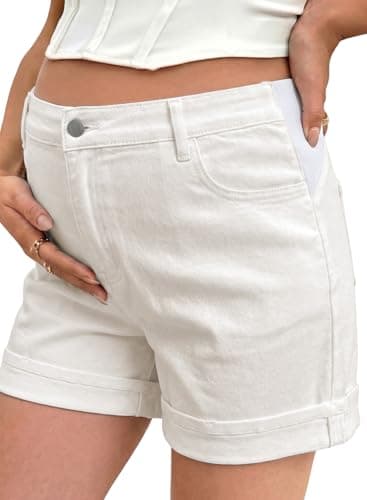 BLENCOT Womens Jean Shorts Under Belly Stretchy Comfy Rolled Cuff Pregnancy Denim Pants Maternity Clothes with Pockets White Small - Image 1