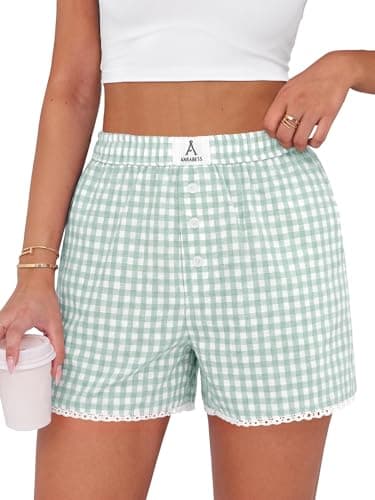 ANRABESS Boxer Shorts for Women 2026 Summer Pajama Gingham Pj Shorts Casual Lounge Sleep Plaid Y2K Beach Bottoms Outfits Green White Plaid Large - Image 1