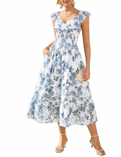 GRACE KARIN Women's Summer Floral Maxi Dress 2026 Ruffle Sleeve Smocked Sundress Flowy Wedding Guest Long Dresses Gray Blue 2XL - Image 1