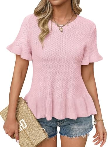 Yousify Womens Short Sleeve Sweater Round Neck Ruffled Hem Texture Knit Pullover Shirt Summer Beach Lightweight Tops Pink - Image 1