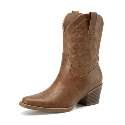 Athlefit Women's Cowboy Cowgirl Ankle Boots Square Toe Low Chunky Heel Embroidery Western Short Booties for Country Concerts Tan Size 7, AD00764 - Image 1