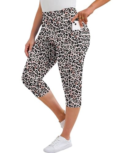 AusLook Plus Size Capri Leggings for Women with Pockets High Waisted Tummy Control Cropped Fancy Peachy Leopard 3X Leggings Buttery Soft Stretch Casual Lounge Workout Pants - Image 1