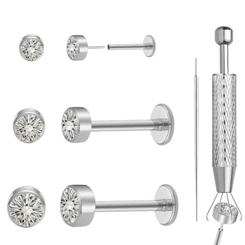 hooppoo Delicate Moissanite & Titanium Threadless Flat Back Studs - 6-Piece 20G Labret Set for Nose, Helix, Cartilage, Conch, and Lip Piercings for Women & Men (Silver) - Image 1