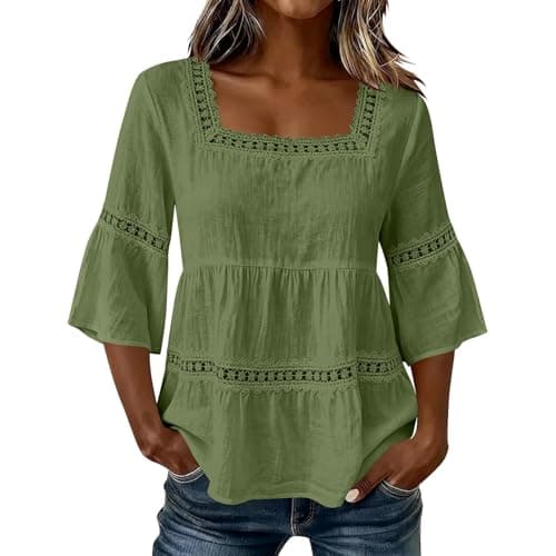 Tummy Hiding Outfits for Women,Cotton Linen Tops 3/4 Sleeve Square Neck Gauze Shirts Loose Fit, for Summer Casual Beach Vacation Army Green XXL - Image 1