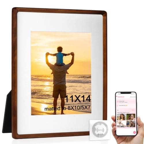 11x14 Picture Frame with Mat for 5x7/8x10, Natural Walnut Wood Photo Frame with HD Glass with NFC Tags Sticker, Handcrafted Rounded Corner Wooden Poster Frames, Wall or Tabletop Display for Mother's Day, Dark Brown - Image 1