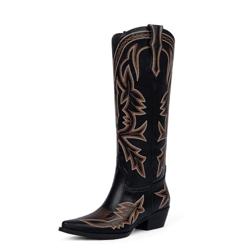 VIUGJNEX Knee High Cowgirl Boots Women Pull on Embroidered Wide Calf Cowboy Boots Women Low Heel Black Boot Womens Pointed Toe Chunky Heel Western Boot Size 6.5 - Image 1