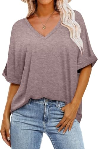 Womens Oversized T Shirts V Neck Loose Fit Shirts Short Sleeve Summer Casual Tops 2025 Trendy Blouses Y2K Plain Tees Gray Purple M - Image 1