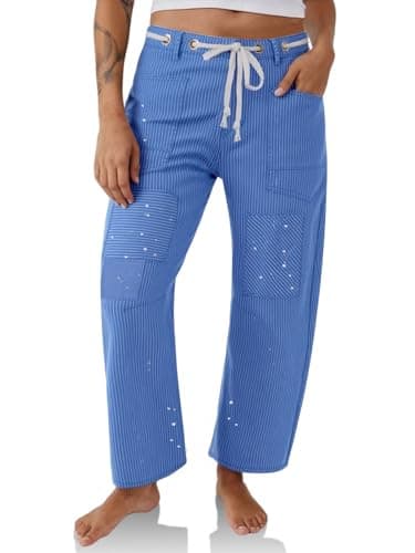 PLNOTME Womens Baggy Barrel Horseshoe Jeans Wide Leg Patchwork Low Rise Striped Pants with Pockets - Image 1