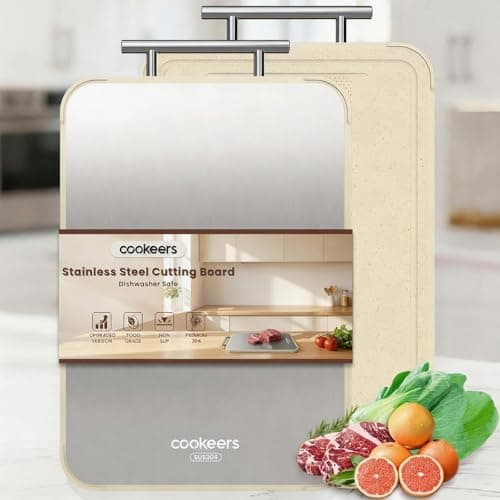 Cookeers Stainless Steel Cutting Board for Kitchen - Upgraded No Step Edge Double Side Cutting Board, Food Grade Stainless Steel/PP, Dishwasher Safe, Non-Slip, 15.8”×10.24 ” Chopping Board - Image 1