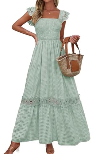 PRETTYGARDEN Women's Smocked Summer Maxi Dresses 2026 Ruffle Cap Sleeve Square Neck Lace Detail Flowy Sundress with Pockets (Green, Medium) - Image 1