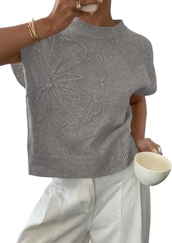 PRETTYGARDEN Women's 2026 Spring Sweater Vest Trendy Flower Knit Short Sleeve Cute Pullover Tank Tops Summer Fashion Clothing (Grey,Small) - Image 1