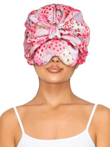 Vettres Double Layer Satin Bonnet with Eye Mask Adjustable Silk Sleep Cap Turban Style Hair Wrap for Curly Hair Pink Strawberry - Image 1