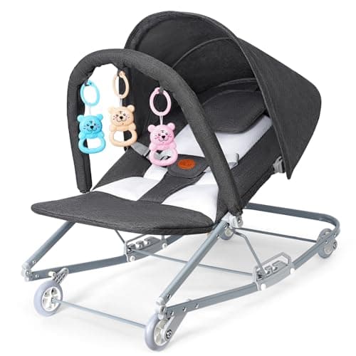 HKAI Rocking Baby Bouncer with Canopy, 2-Mode Rocking & Rolling Infant Seat, Portable Baby Chair for 0-18 Months, Grey - Image 1