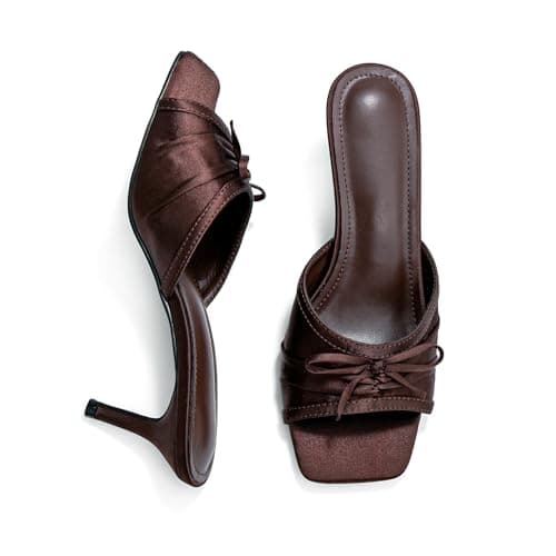 RUSAUISE Brown Stiletto Heels Mules for Women Slip On Bow Heels Sandals Square Toe Middle Heeled Wedding Party Dressy Shoes Satin Size 7.5 - Image 1