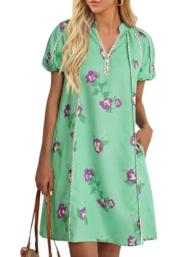 Cicy Bell Womens Summer Puff Sleeve Mini Dresses Floral Print Ruffle Button V Neck Dress Loose Fit Patchwork Beach Outfits - Image 1