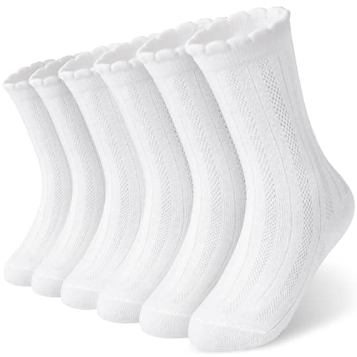 HONGTEYA Ruffle Socks for Girls Kids Cotton Crew Ankle Cute Frilly Dress Socks (US, Age, 8 Years, 10 Years, White) - Image 1