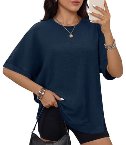 ANRABESS Women Oversized Waffle Knit T-Shirts Summer Casual Short Sleeve Tunic Tops Side Spilt Tee Shirts 2026 Trendy Clothes Blue Large - Image 1