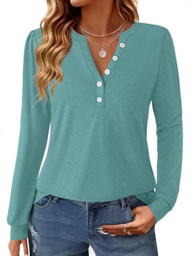 GKBK Women's Puff Long Sleeve Tunic V Neck Button Blouses Fall Tops Trendy Dressy Casual Business Henley Shirts Cyan L - Image 1