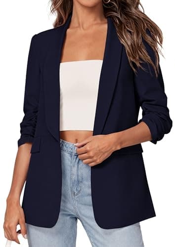 PRETTYGARDEN Women's 2026 Spring Blazers Business Casual Outfits Open Front Ruched 3/4 Sleeve Lightweight Work Suits Jackets (Navy Blue,Large) - Image 1