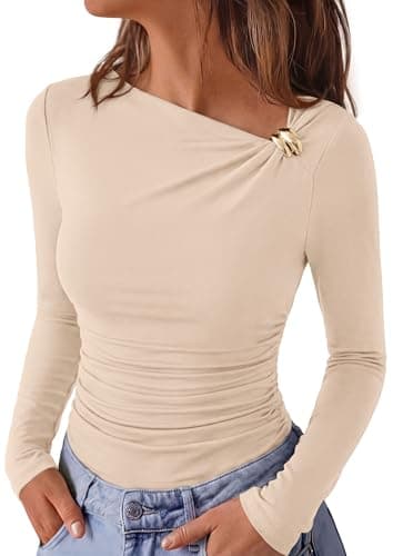 PRETTYGARDEN Long Sleeve Shirts for Women 2026 Ruched Knit Asymmetrical Tight Fitted Going Out Tops Y2k Fall Clothes (Beige,Small) - Image 1
