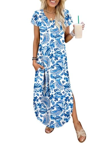 ANRABESS Womens Summer Maxi Dresses 2026 Casual Short Sleeve V Neck Loose Split Long Beach Sundress Travel Vacation Clothes Blue Leaf Printed Small - Image 1
