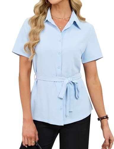 Blooming Jelly Womens Button Down Shirt Collared Bow Belt Short Sleeve Business Causal Tops Summer 2026 Fashion Trendy Dressy Elegant Work Blouse (Medium, Light Blue) - Image 1