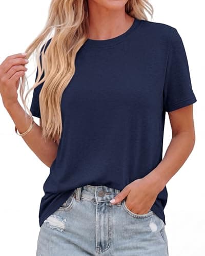 KIRUNDO Short Sleeve Tops for Women Summer Trendy Casual Crew Neck Plain T Shirts Soft Knit Basic Tunic Tees Fashion Clothing(Navy, X-Large) - Image 1