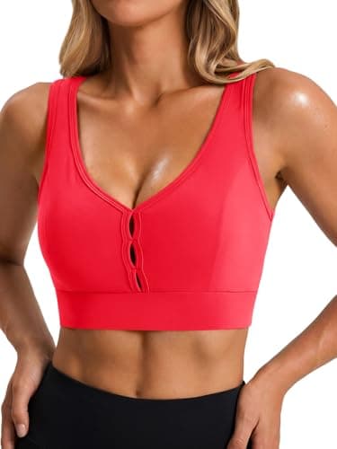 Aoysky Sports Bras for Women Padded Push Up Deep V Longline Medium Support Workout Running Yoga Bra with Removable Cups Red - Image 1