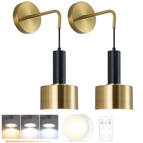 Omgomne Battery Operated Wall Sconces Set of 2, Matte Black and Gold Hardwired or Wireless Wall Lighting with Remote, Adjustable Cord Hanging Sconce Light Fixture for Bedroom Living Room, E26 Base