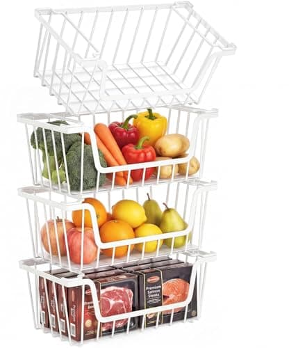 SUNALLY Stackable Storage Bins 4 Pcs Wire Baskets for Pantry Organizers and Storage, Vegetable Fruit Storage Basket for Countertop Organizer,Kitchen Baskets for Onion Potato Snack Cans Storage,White - Image 1