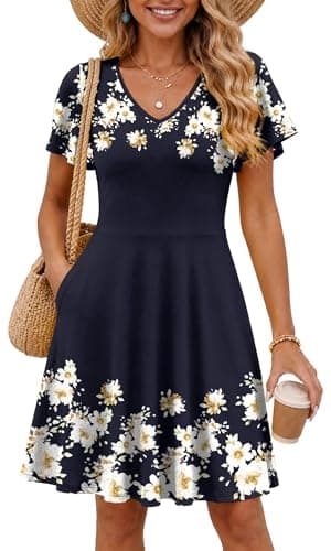 COSSEN Women's Summer Casual T Shirt Dress Navy Blue-Printed Large with Pockets - Short Sleeve V Neck Flowy Loose A-Line Sundress Vacation - Image 1