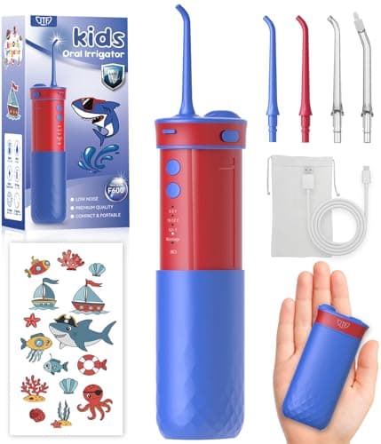 JTF Portable Water Flosser for Kids: 4 Gentle Modes for Ages 6+, Safe & Effective for Sensitive Teeth, Braces - with DIY Stickers, 4 Nozzles, Travel Bag, Mini Compact Oral Irrigator for Home & School - Image 1