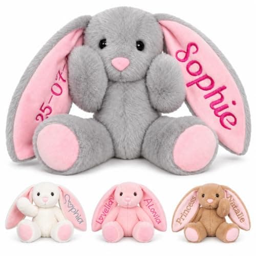 MYPHNEX Personalized Bunny Stuffed Animal, Custom Bunny Plush with Embroidered Name, Toys for 1 2 3 Year Old Baby Girls Boys, Customized Christmas Birthday Gifts for Infant Toddler Newborn (Bunny) - Image 1