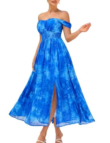 GRACE KARIN Summer Royal Blue Floral Dress for Women 2026,Off the Shoulder Smocked Bridesmaid Dresses,Formal Baby Shower Maxi Dresses M - Image 1