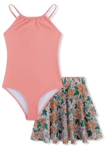 Seanrui Girls Swimsuit One Piece Bathing Suit Tankini Swimwear with Skirt Orange - Image 1