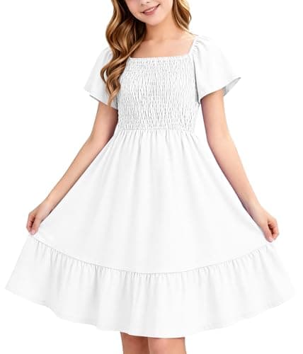 Tween Girl's Summer Short Sleeve Loose Dress Casual Spring Floral Square Neck Midi Dresses 2026 Off White 9-10 Years - Image 1